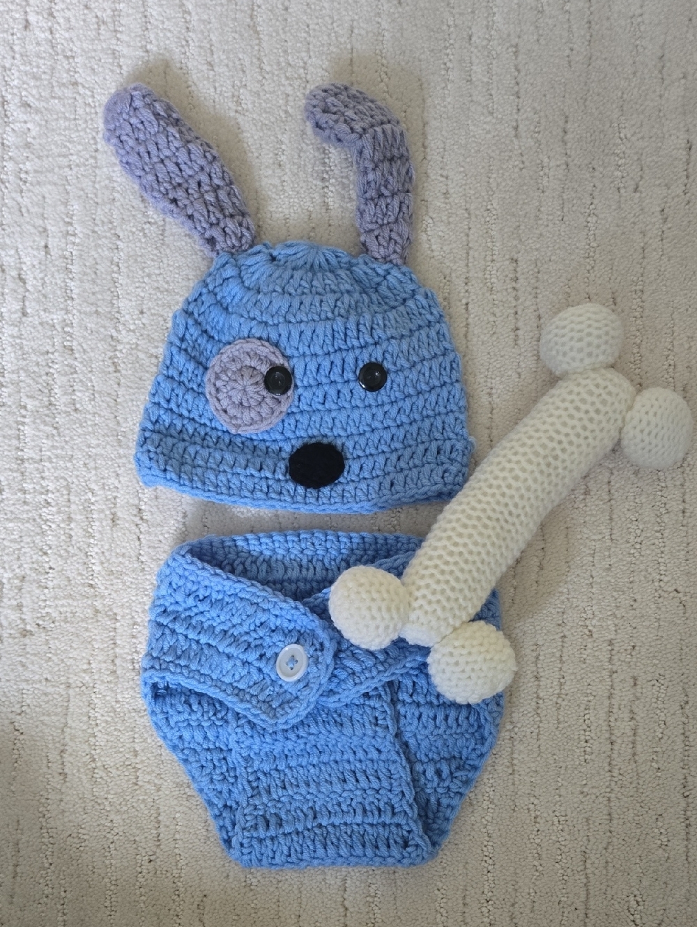 Light Blue Knit Dog Crochet Hat & Diaper Cover Set for Baby